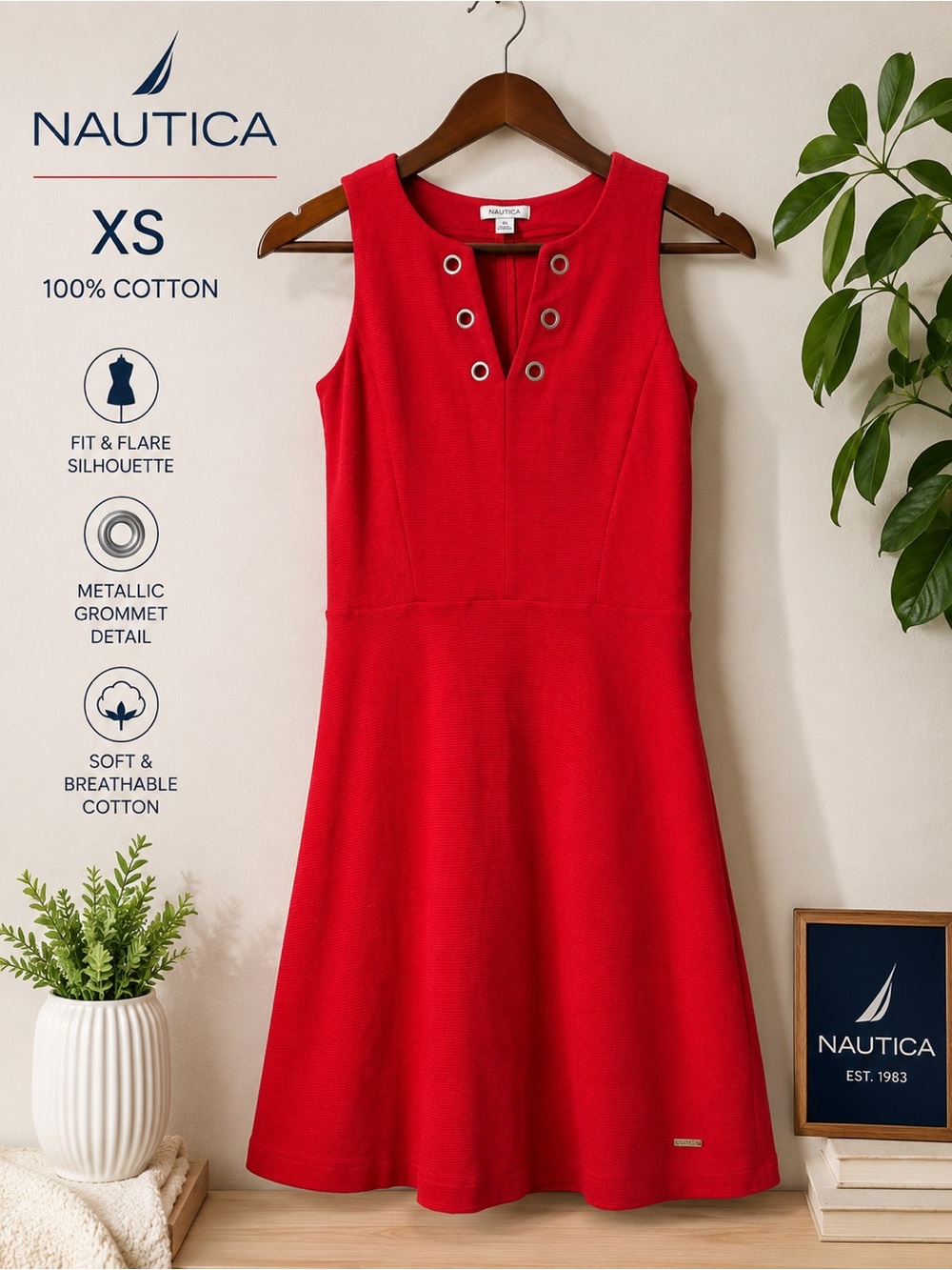 Nautica Red Sleeveless Grommet Neck Fit & Flare Dress XS